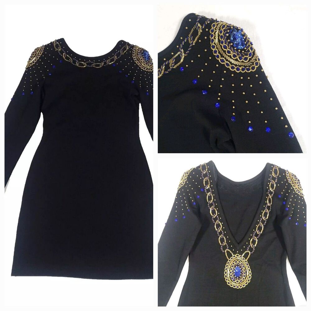 90s Whimsigoth Low‎ Back Sweater Dress 4 Black Sequin Beaded Chain Wool Mob Wife